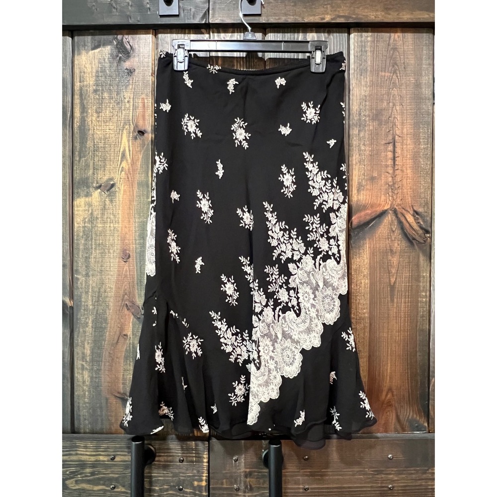 Vtg Express 100% Silk Black Floral Y2K Lace Trim Midi Slip Skirt M Fairy Grunge